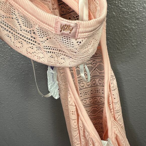 Yitty Crochet Knit Jumpsuit Size Medium Pink Flare Leg - Picture 5 of 8